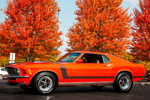 For Sale Used 1970 Ford Mustang Calypso Coral Boss Stripes | American Dream Machines Des Moines IA 50309