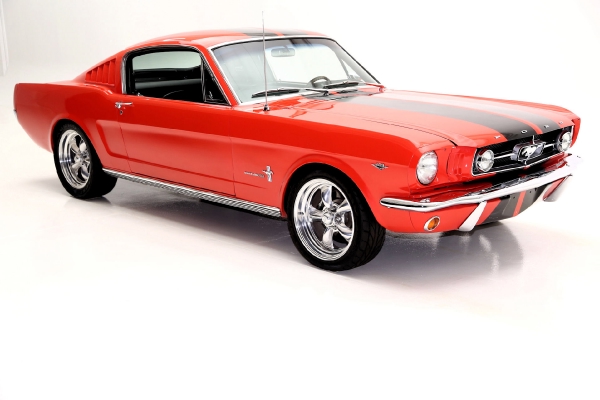 For Sale Used 1965 Ford Mustang Fastback poppy red, blk interior | American Dream Machines Des Moines IA 50309