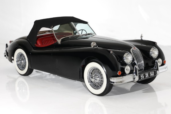 For Sale Used 1955 Jaguar XK140 MC Exquisite Black, Red Leather | American Dream Machines Des Moines IA 50309