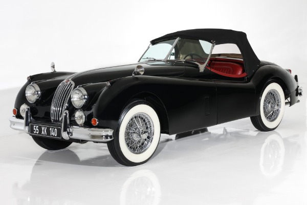 For Sale Used 1955 Jaguar XK140 MC Exquisite Black, Red Leather | American Dream Machines Des Moines IA 50309