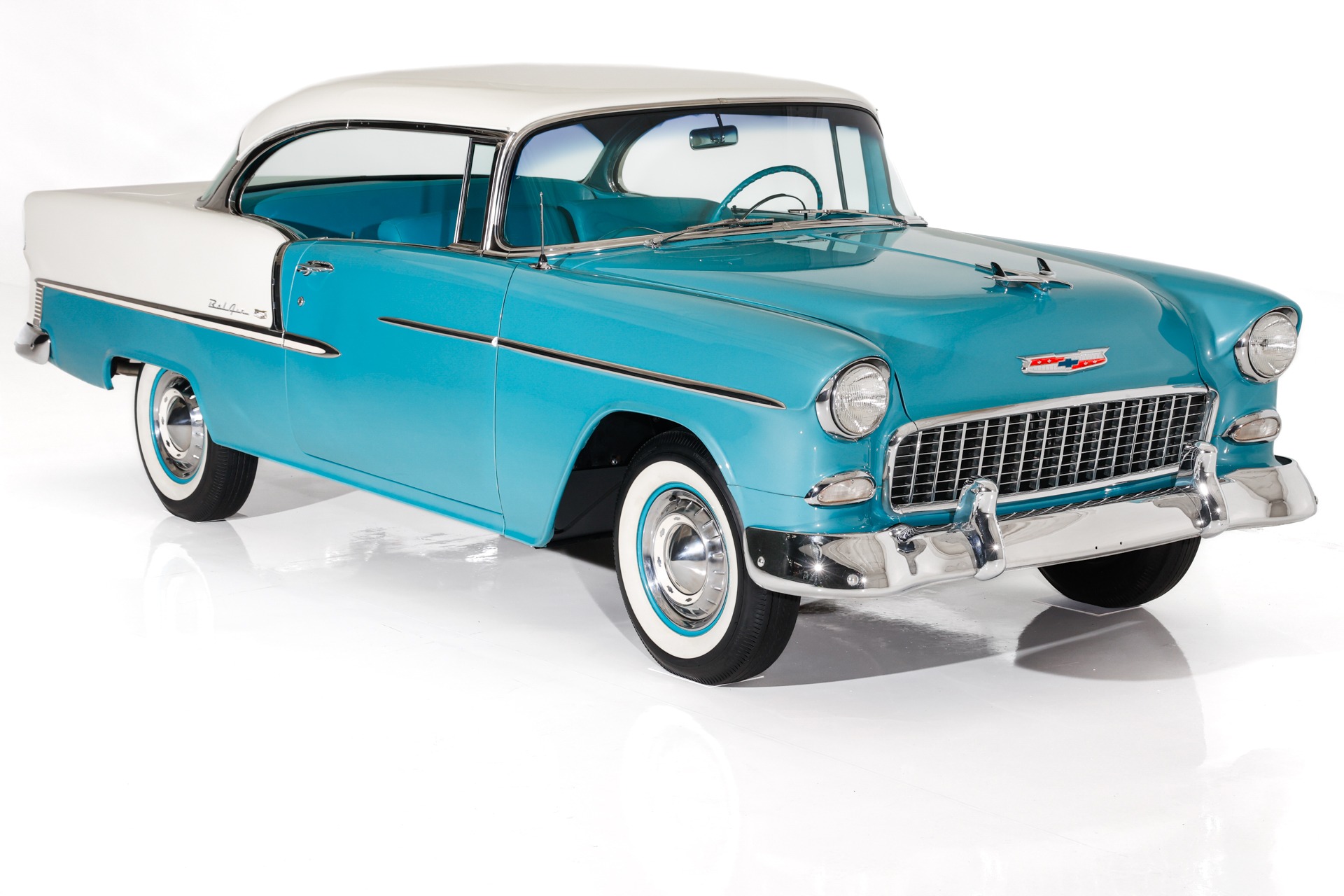 For Sale Used 1955 Chevrolet Bel Air Turquoise & India Ivory, Frame-Off | American Dream Machines Des Moines IA 50309