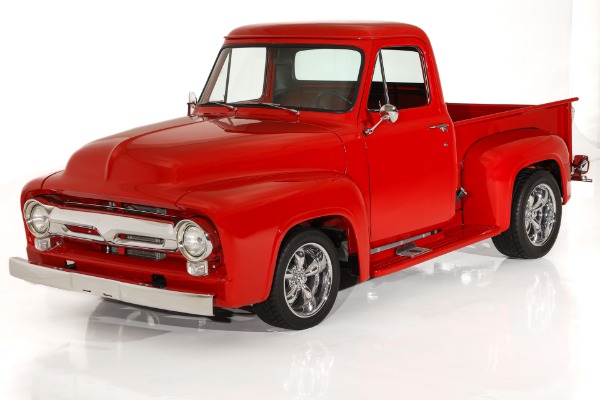 For Sale Used 1955 Ford F100 Truck Bright Red Show truck, 302 Auto  PS PB AC, Chrome wheels | American Dream Machines Des Moines IA 50309