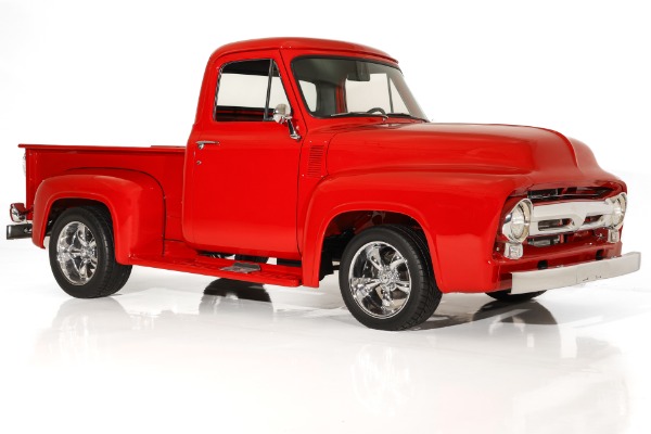 For Sale Used 1955 Ford F100 Truck Bright Red Show truck, 302 Auto  PS PB AC, Chrome wheels | American Dream Machines Des Moines IA 50309