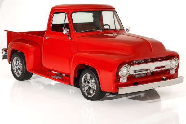 For Sale Used 1955 Ford F100 Truck Bright Red Show truck, 302 Auto  PS PB AC, Chrome wheels | American Dream Machines Des Moines IA 50309