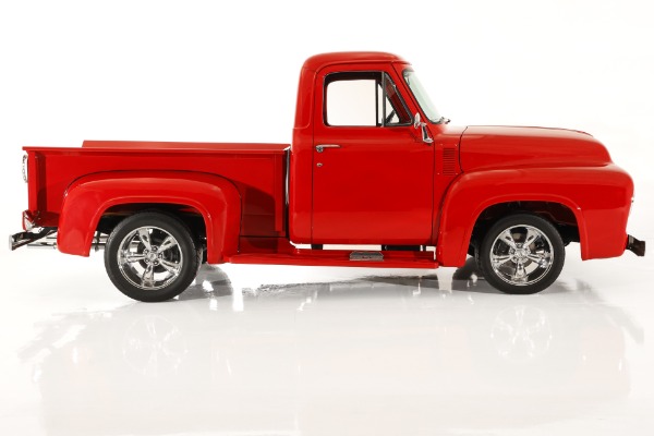 For Sale Used 1955 Ford F100 Truck Bright Red Show truck, 302 Auto  PS PB AC, Chrome wheels | American Dream Machines Des Moines IA 50309