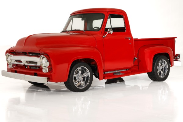 For Sale Used 1955 Ford F100 Truck Bright Red Show truck, 302 Auto  PS PB AC, Chrome wheels | American Dream Machines Des Moines IA 50309