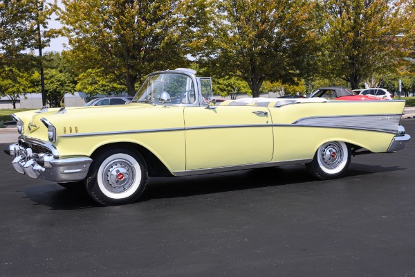 For Sale Used 1957 Chevrolet Bel Air Convertible, Colonial Cream Yellow, White Top PS PB | American Dream Machines Des Moines IA 50309
