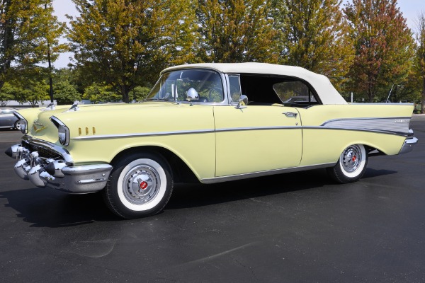 For Sale Used 1957 Chevrolet Bel Air Convertible, Colonial Cream Yellow, White Top PS PB | American Dream Machines Des Moines IA 50309