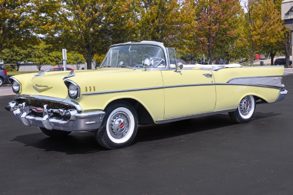 For Sale Used 1957 Chevrolet Bel Air Convertible, Colonial Cream Yellow, White Top PS PB | American Dream Machines Des Moines IA 50309
