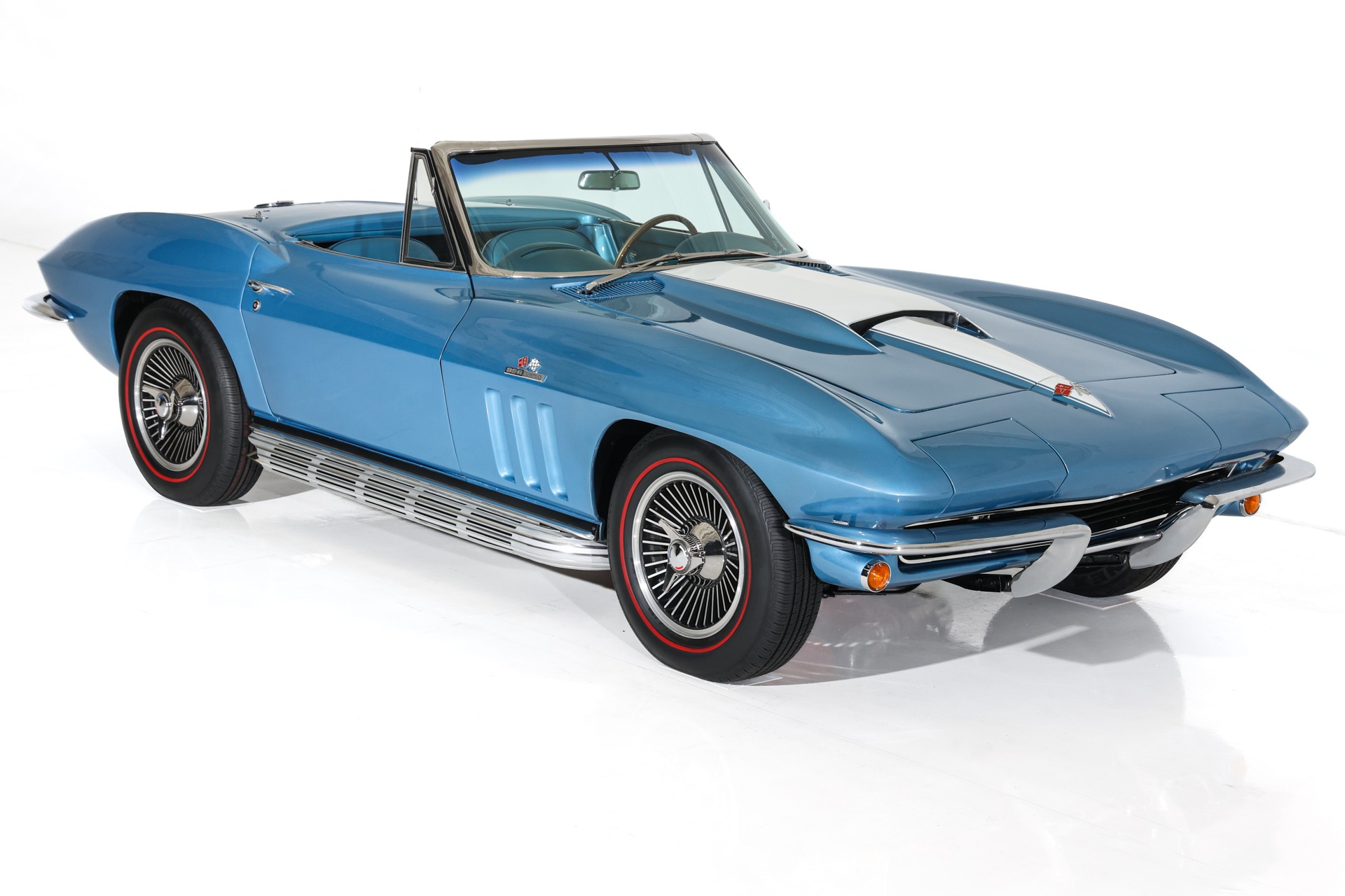 For Sale Used 1965 Chevrolet Corvette Nassau Blue Convertible, Blue Int. White Stinger & Top. 410/500  5 speed | American Dream Machines Des Moines IA 50309