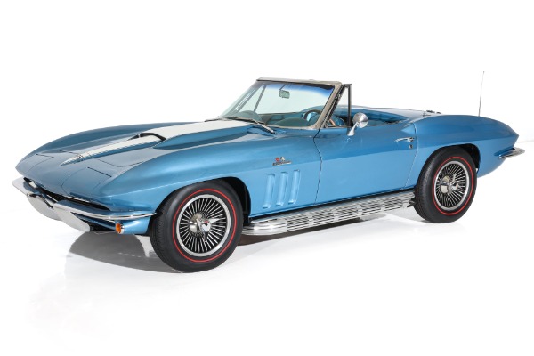 For Sale Used 1965 Chevrolet Corvette Nassau Blue Convertible, Blue Int. White Stinger & Top. 410/500  5 speed | American Dream Machines Des Moines IA 50309
