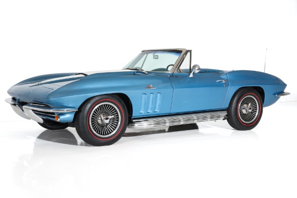 For Sale Used 1965 Chevrolet Corvette Nassau Blue Convertible, Blue Int. White Stinger & Top. 410/500  5 speed | American Dream Machines Des Moines IA 50309
