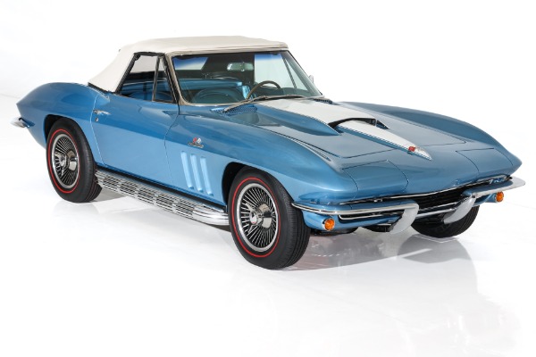 For Sale Used 1965 Chevrolet Corvette Nassau Blue Convertible, Blue Int. White Stinger & Top. 410/500  5 speed | American Dream Machines Des Moines IA 50309