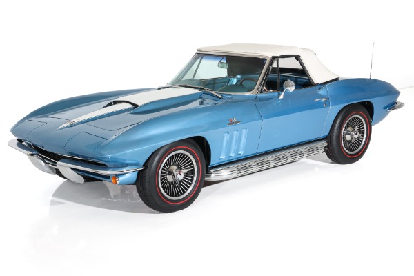 For Sale Used 1965 Chevrolet Corvette Nassau Blue Convertible, Blue Int. White Stinger & Top. 410/500  5 speed | American Dream Machines Des Moines IA 50309