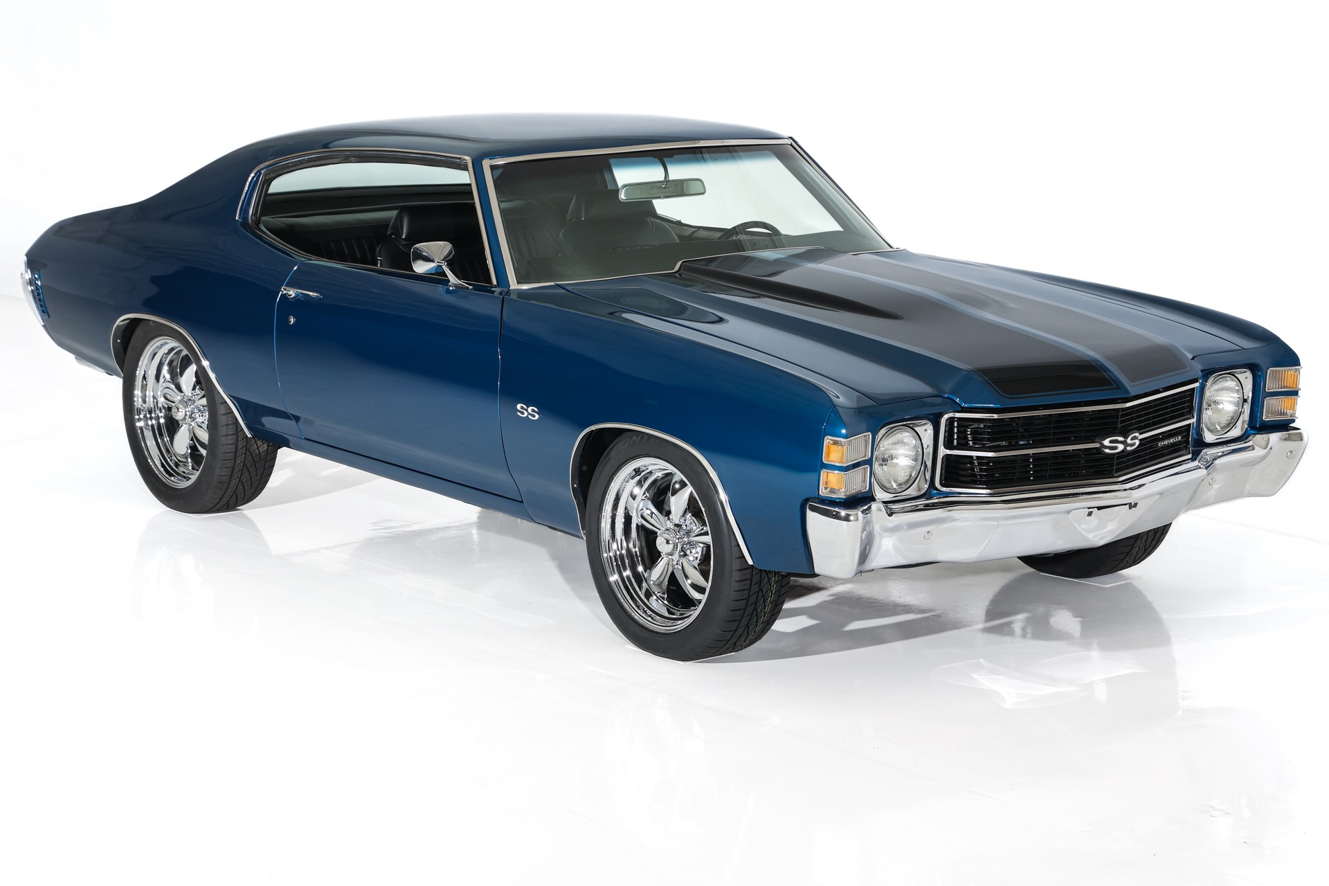 For Sale Used 1971 Chevrolet Chevelle Fathom Blue, Black SS Stripes New Black Bucket Int. 454 Auto PS PDB New AC | American Dream Machines Des Moines IA 50309
