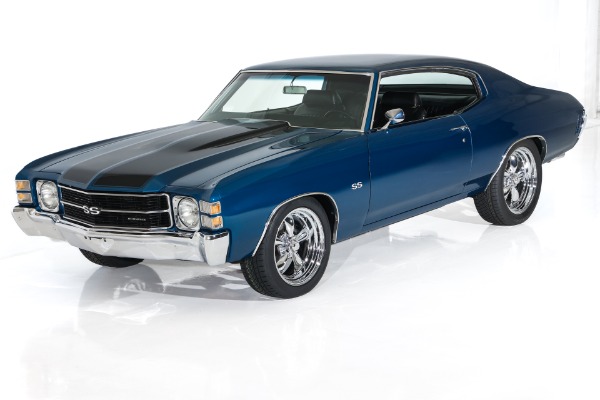For Sale Used 1971 Chevrolet Chevelle Fathom Blue, Black SS Stripes New Black Bucket Int. 454 Auto PS PDB New AC | American Dream Machines Des Moines IA 50309