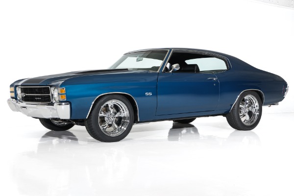 For Sale Used 1971 Chevrolet Chevelle Fathom Blue, Black SS Stripes New Black Bucket Int. 454 Auto PS PDB New AC | American Dream Machines Des Moines IA 50309
