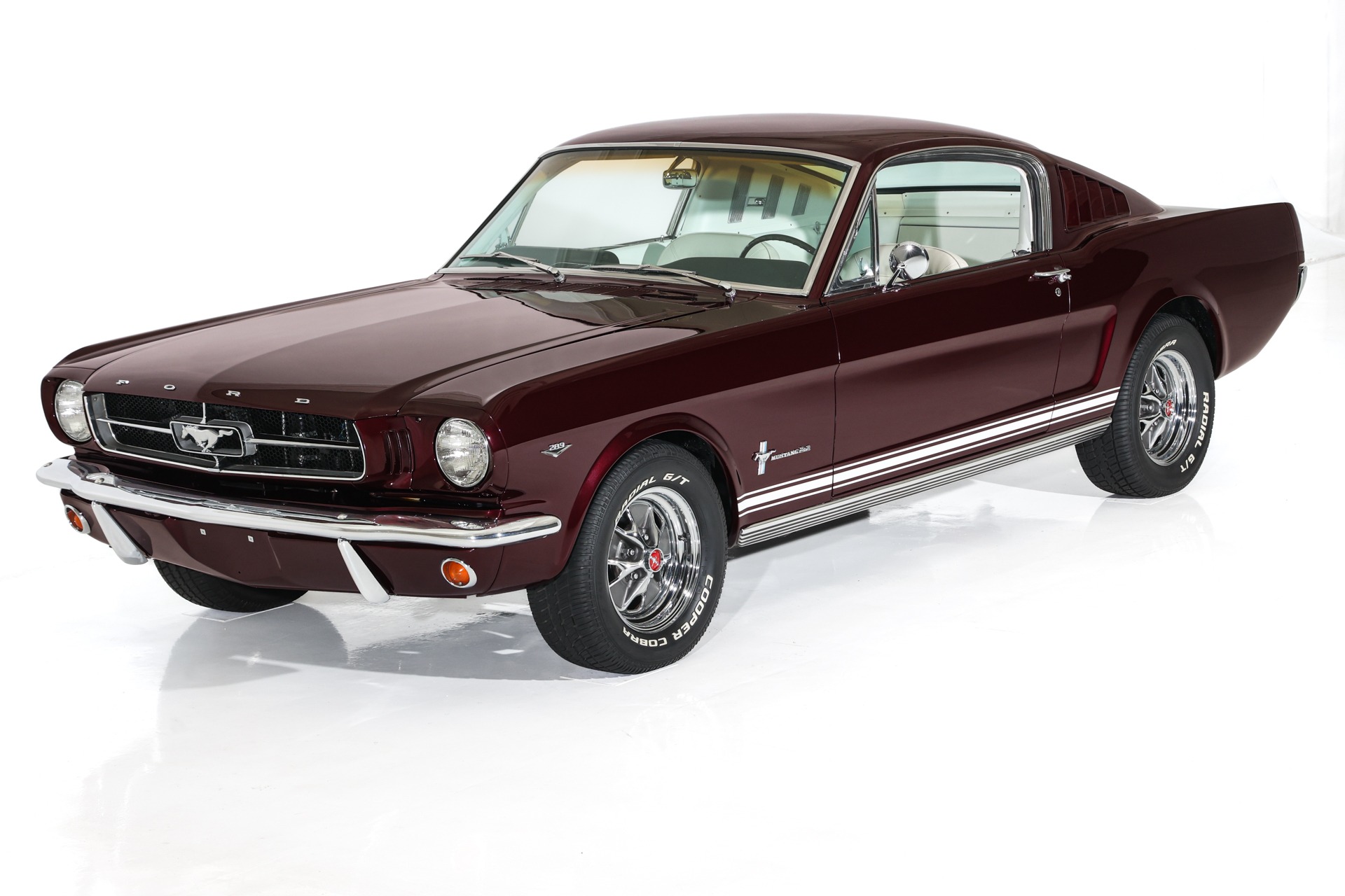 For Sale Used 1965 Ford Mustang Burgundy, White Int. GT options A-Code Auto PS, PB, AC | American Dream Machines Des Moines IA 50309