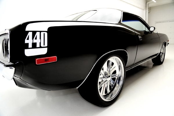 For Sale Used 1973 Plymouth Cuda Black on Black, 440 Six Pac, 727 Chrome | American Dream Machines Des Moines IA 50309