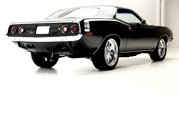 For Sale Used 1973 Plymouth Cuda Black on Black, 440 Six Pac, 727 Chrome | American Dream Machines Des Moines IA 50309