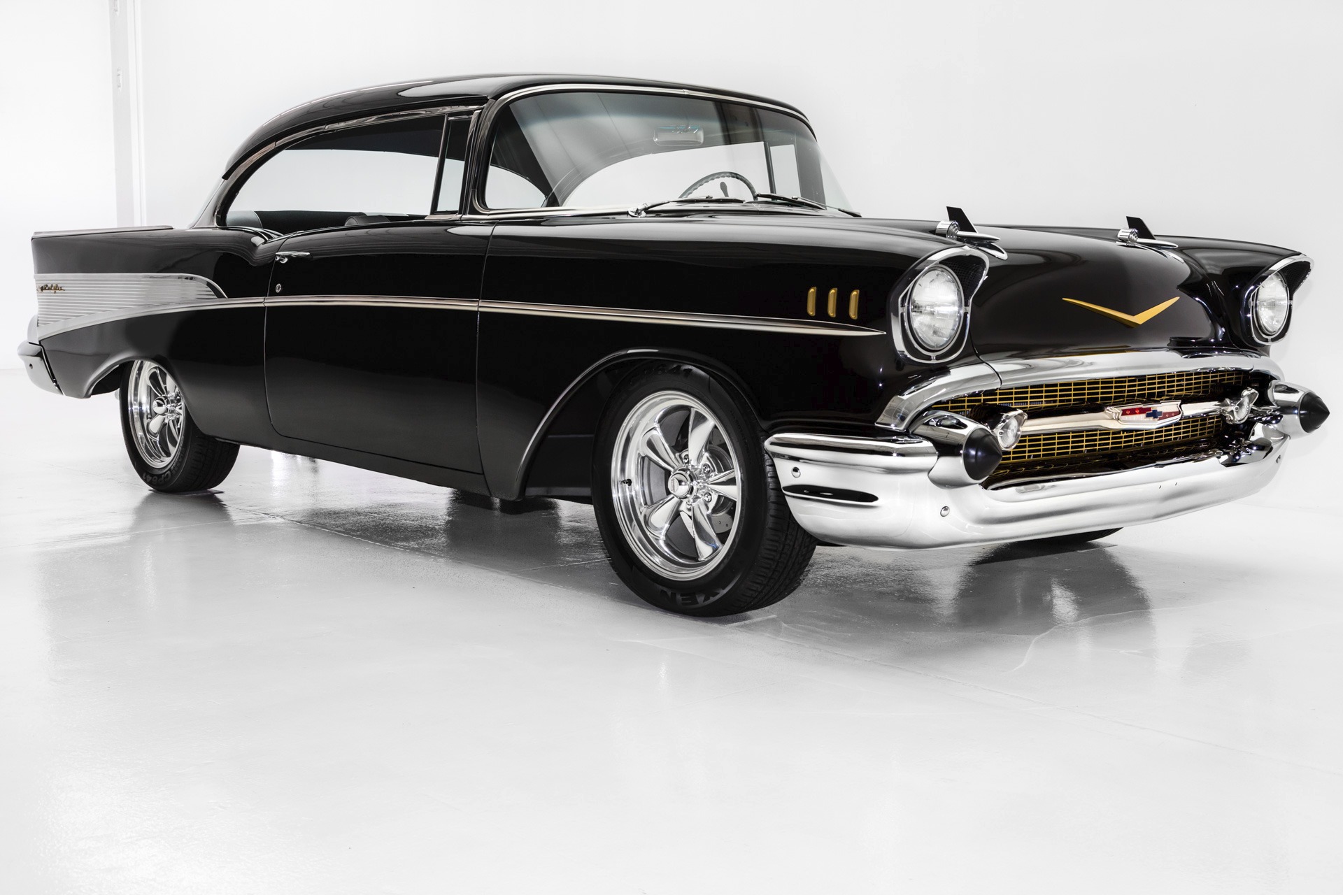 For Sale Used 1957 Chevrolet Bel Air New Black Paint & New Silver/Black Interior 327 Auto, Lots of new Chrome | American Dream Machines Des Moines IA 50309