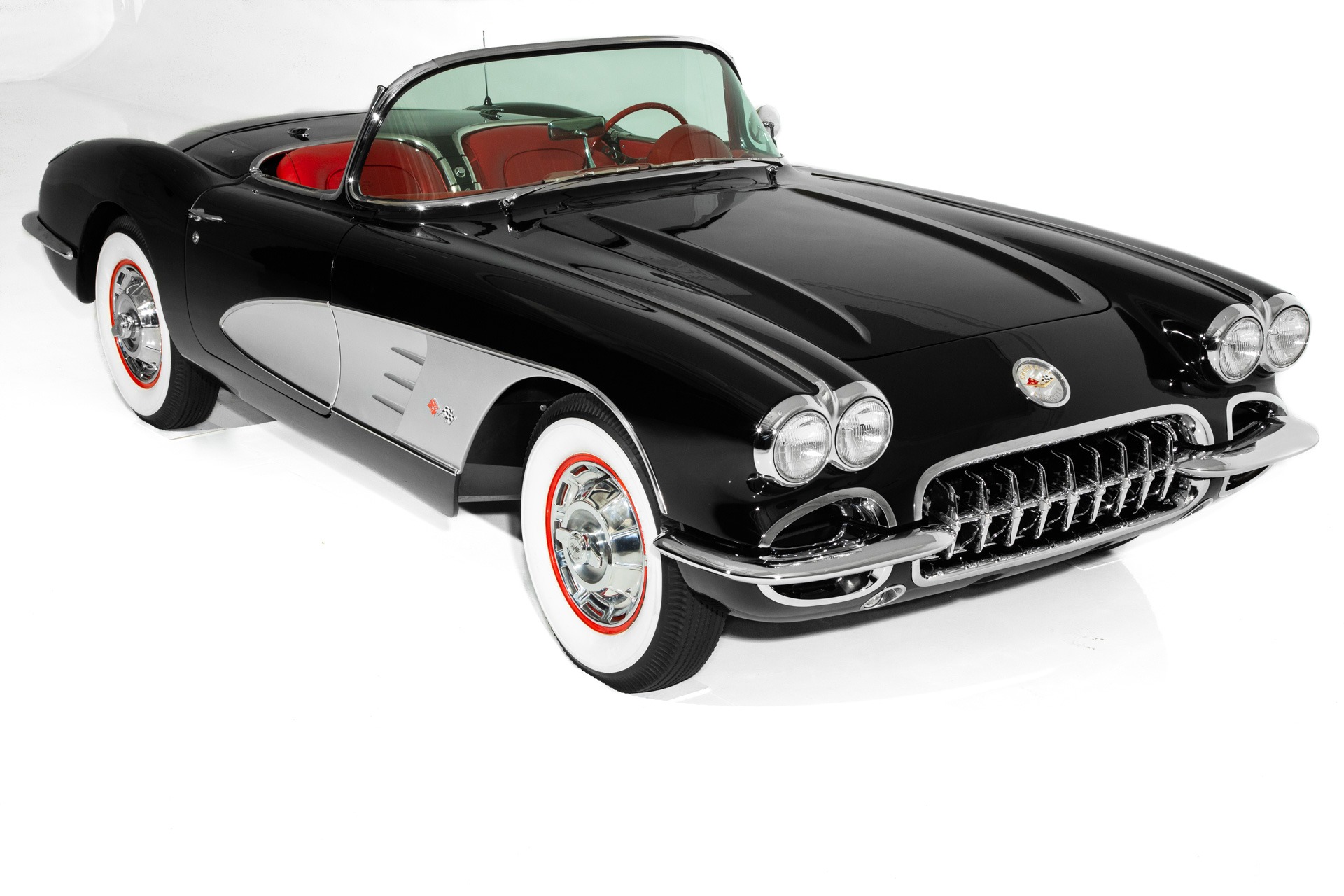 For Sale Used 1960 Chevrolet Corvette Black w/ Silver Coves,Red Interior,283 Fuelie Matching #s,4-Speed,2 Tops | American Dream Machines Des Moines IA 50309