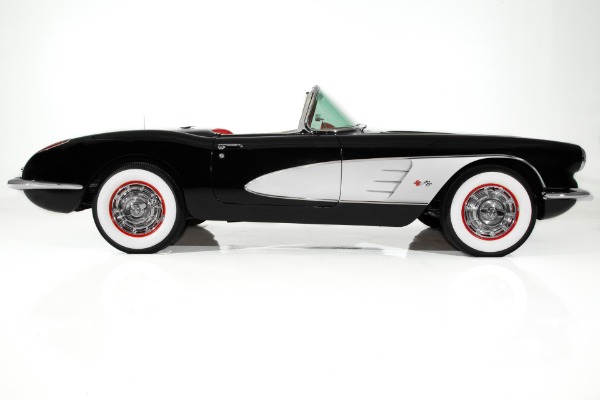 For Sale Used 1960 Chevrolet Corvette Black w/ Silver Coves,Red Interior,283 Fuelie Matching #s,4-Speed,2 Tops | American Dream Machines Des Moines IA 50309