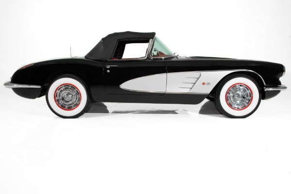 For Sale Used 1960 Chevrolet Corvette Black w/ Silver Coves,Red Interior,283 Fuelie Matching #s,4-Speed,2 Tops | American Dream Machines Des Moines IA 50309