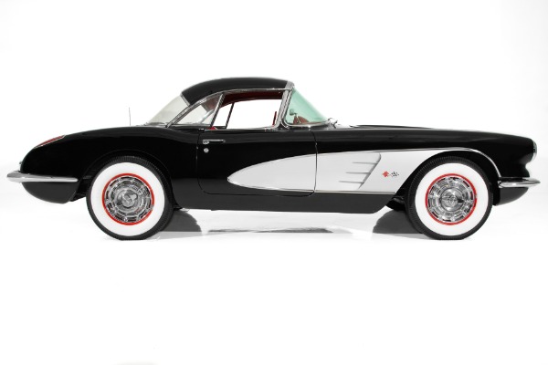 For Sale Used 1960 Chevrolet Corvette Black w/ Silver Coves,Red Interior,283 Fuelie Matching #s,4-Speed,2 Tops | American Dream Machines Des Moines IA 50309