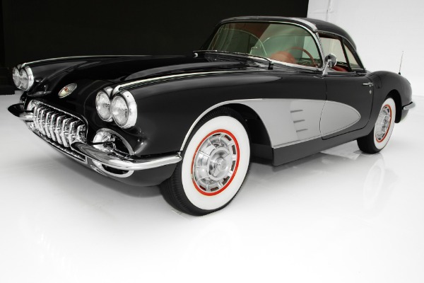 For Sale Used 1960 Chevrolet Corvette Black w/ Silver Coves,Red Interior,283 Fuelie Matching #s,4-Speed,2 Tops | American Dream Machines Des Moines IA 50309