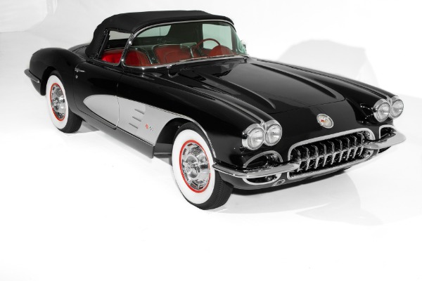 For Sale Used 1960 Chevrolet Corvette Black w/ Silver Coves,Red Interior,283 Fuelie Matching #s,4-Speed,2 Tops | American Dream Machines Des Moines IA 50309